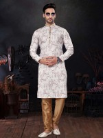 Beige Cotton Digital Print Readymade Kurta Pajama